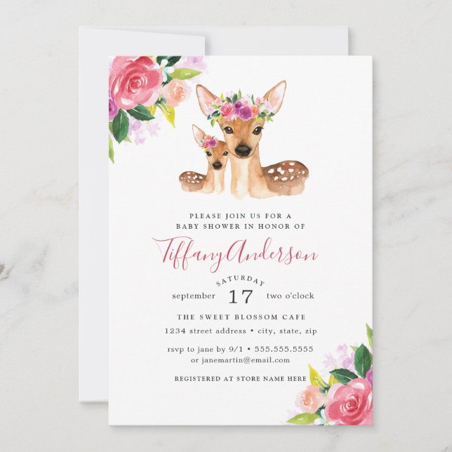Blommigt Sweet Mamma och Baby Hjort Baby Shower Inbjudningar (Framsida)
