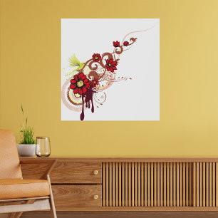 Blommigt Swirl med Röda blommor och Hummingbird Poster