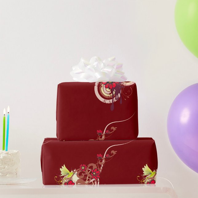 Blommigt Swirl med Röda blommor och Hummingbird Presentpapper (Skapare uppladdad)