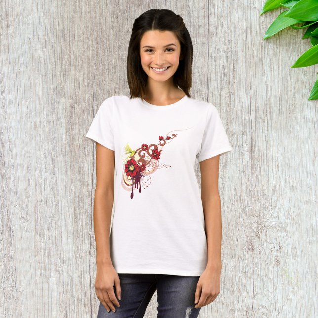 Blommigt Swirl med Röda blommor och Hummingbird T Shirt (Skapare uppladdad)