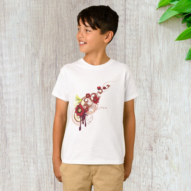 Blommigt Swirl med Röda blommor och Hummingbird T Shirt (Skapare uppladdad)