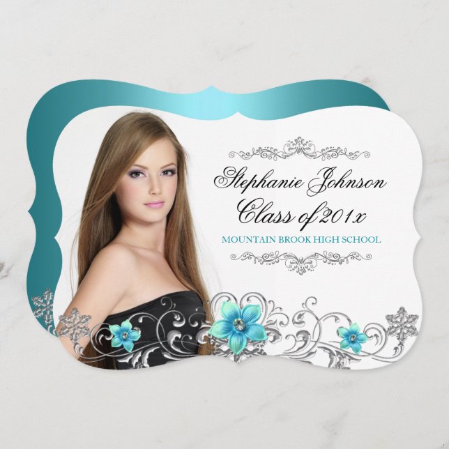 Blommigt Swirl Teal Blue Studenten Card Inbjudningar (Fram/baksida)