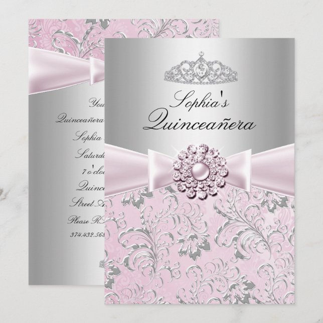 Blommigt Swirl Tiara Quinceanera Announcements Inbjudningar (Fram/baksida)