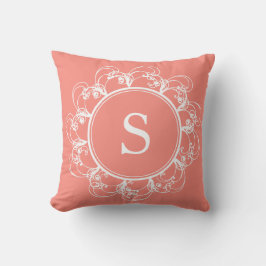 Blommigt Swirls Monogram Pillow Coral Kudde