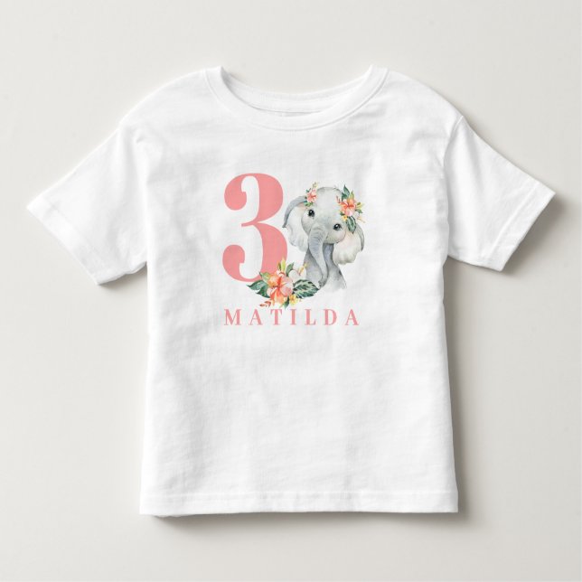 blommigt t-shirt för elefant med 3 års födelsedags (Framsida)