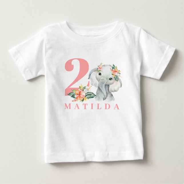 blommigt t-shirt för elefant med andra födelsedag (Framsida)
