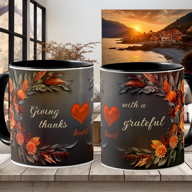 Blommigt tack för hjärtbladet mugg (Mug with a floral design on chalkboard with an optional heart - Thanksgiving - teacher appreciation)