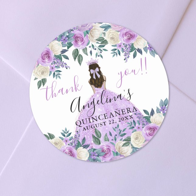 Blommigt Tack Lila Quinceanera Runt Klistermärke (Floral Thank You Purple Quinceanera Classic Round Sticker)