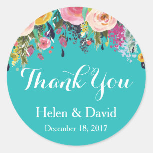 Blommigt Tack Wedding Favor Stickers Teal Runt Klistermärke
