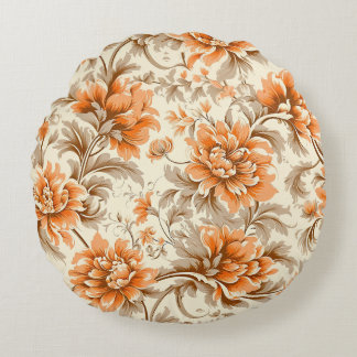 Blommigt Tangerine Cream Rund Kudde