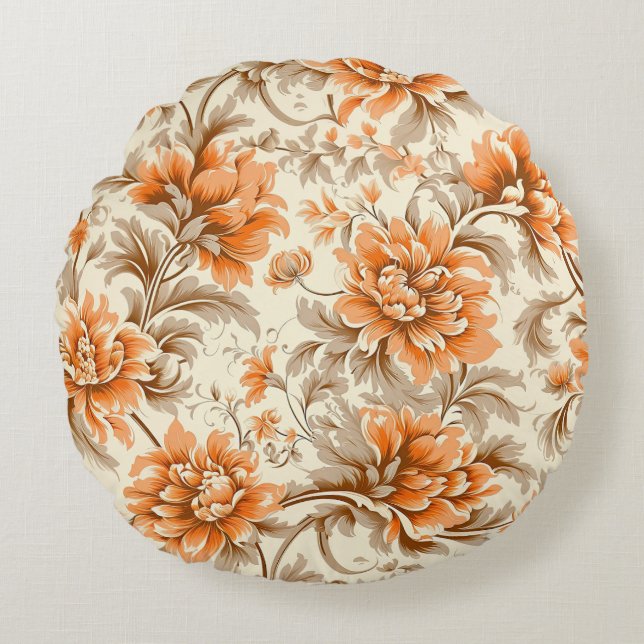 Blommigt Tangerine Cream Rund Kudde (Framsidan)