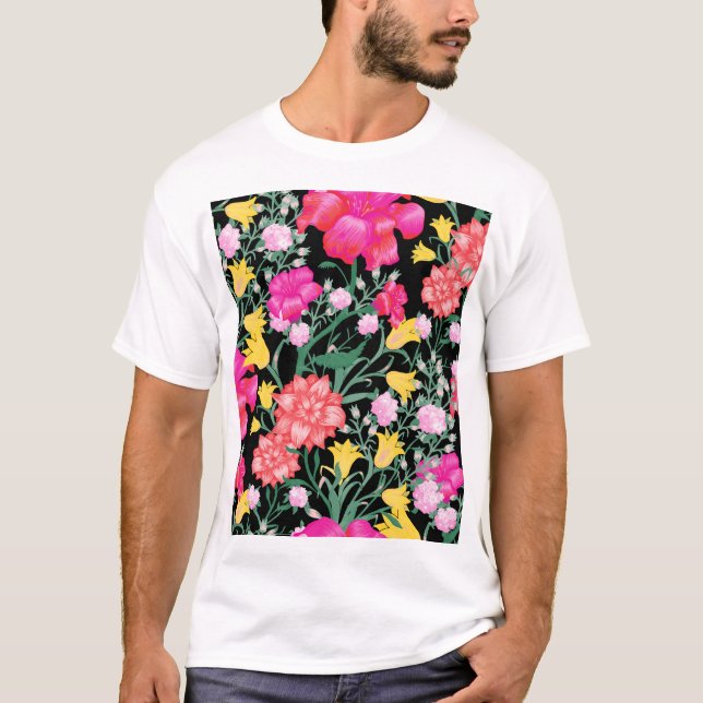 Blommigt Tapet Big Flowers Mönster T Shirt (Framsida)