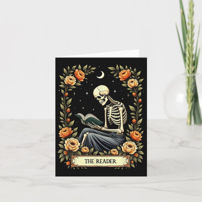 Blommigt-Tarot-kort för läsaren Skeleton som läser Kort (Framsida)