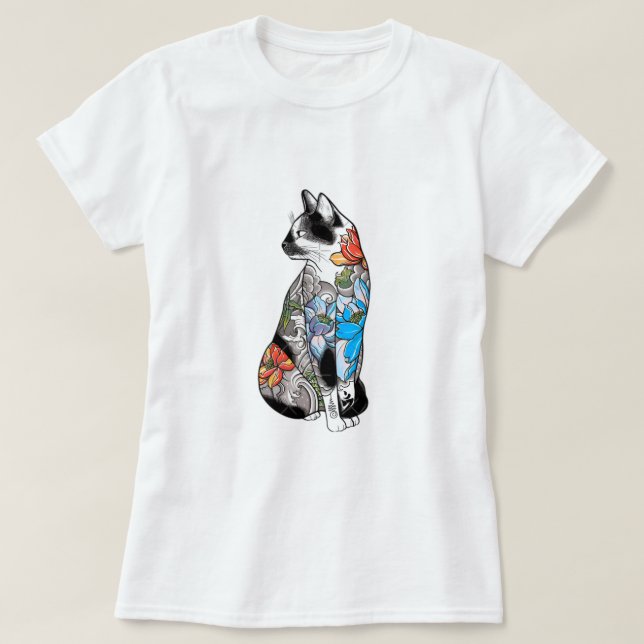 Blommigt Tattoo Cat Illustration - brant, konstnär T Shirt (Design framsida)