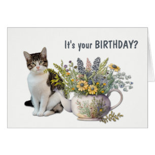 Blommigt Tea Kettle Cat Meowy Birthday Hälsningskort