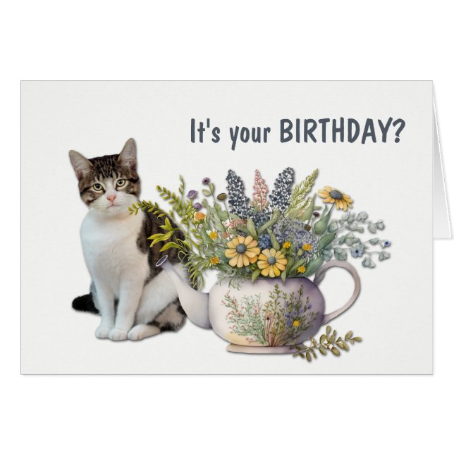 Blommigt Tea Kettle Cat Meowy Birthday Hälsningskort (Framsidan Horizontal)