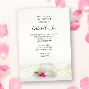 Blommigt Tea Kopp med Rosa ros Baby Shower Inbjudningar