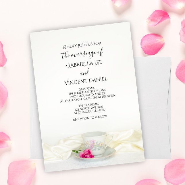 Blommigt Tea Kopp med Rosa ros Bröllop Inbjudningar (Skapare uppladdad)
