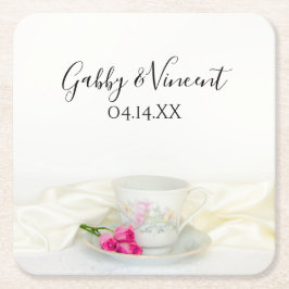 Blommigt Tea Kopp och Rosa ros Bröllop Underlägg Papper Kvadrat