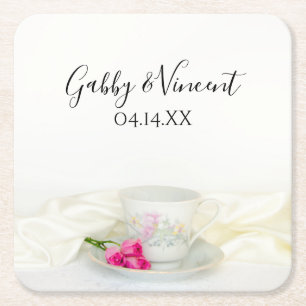 Blommigt Tea Kopp och Rosa ros Bröllop Underlägg Papper Kvadrat