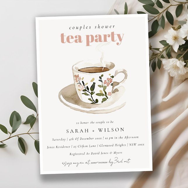 Blommigt Tea Kopp Par Shower Tea Party Inbjudningar (Skapare uppladdad)