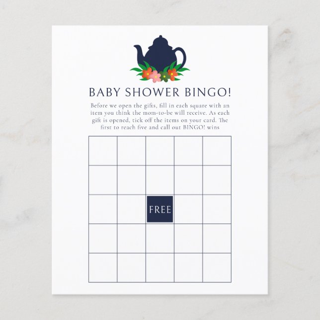 Blommigt Tea Party Baby Shower Bingo Game (Framsida)