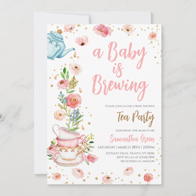 Blommigt Tea Party Baby Shower Inbjudningar (Framsida)