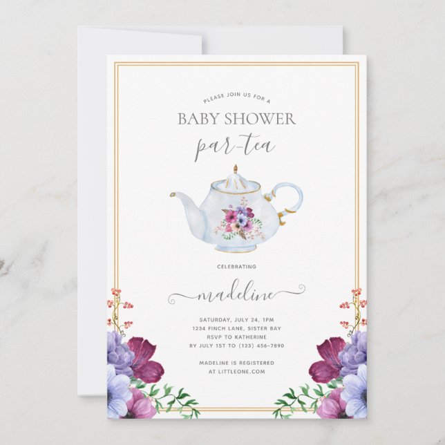 Blommigt Tea Party Baby Shower Inbjudningar (Framsida)