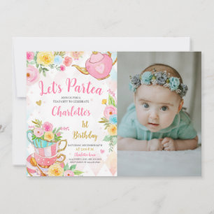 Blommigt Tea Party Birthday Photo Inbjudningar