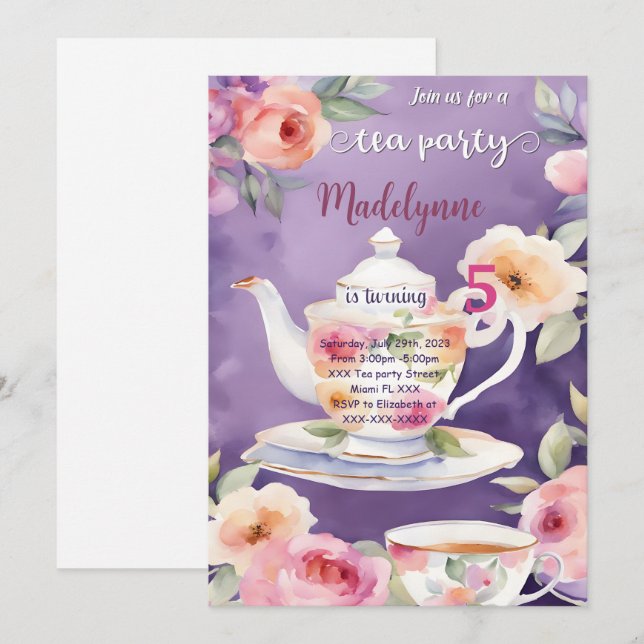 Blommigt Tea Party Födelsedagsfest Inbjudningar (Fram/baksida)