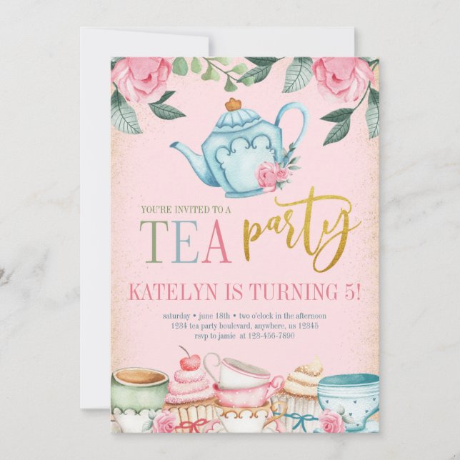 Blommigt Tea Party-födelsedagsinbjudan Inbjudningar (Framsida)