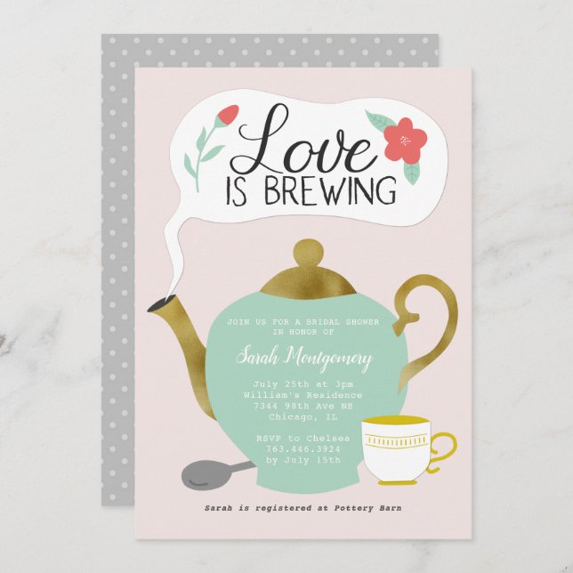 Blommigt Tea Party Möhippa Kärlek brinner Inbjudningar (Fram/baksida)