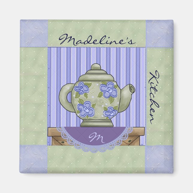 Blommigt Tea Pot Quilt Block Magnet (Framsidan)