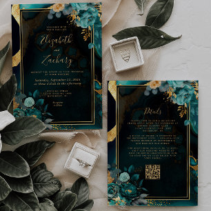 Blommigt Teal Agate Guld Ram QR-koden Bröllop Inbjudningar