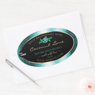 Blommigt Teal Black Product Labels Soft Glitter Lo Ovalt Klistermärke