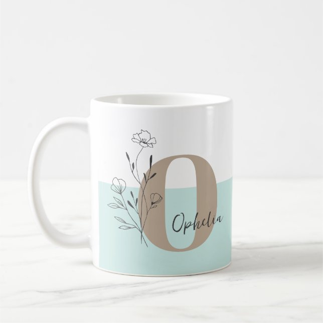 Blommigt Teal Bold Monogram Namn Kaffemugg (Vänster)