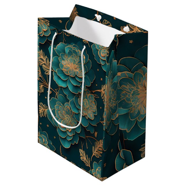 Blommigt Teal & Bronze Gift Bag (Framsidan Vinklad)