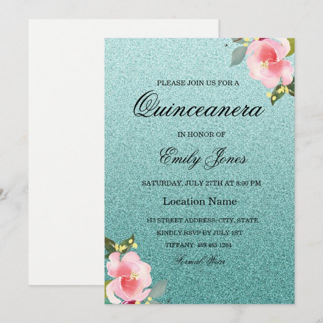 Blommigt Teal faux glitter Quinceanera-inbjudan Inbjudningar (Fram/baksida)