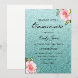 Blommigt Teal faux glitter Quinceanera-inbjudan Inbjudningar