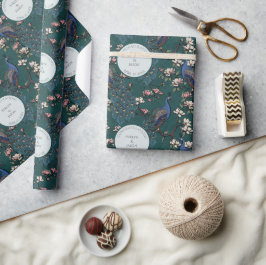 Blommigt Teal Förlovning Peacocks Wrapping Papper Presentpapper
