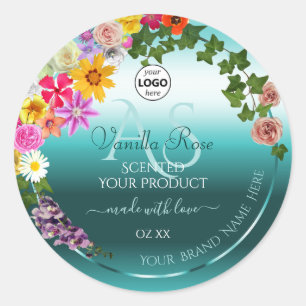 Blommigt Teal Gradient Product Labels Monogram Log Runt Klistermärke