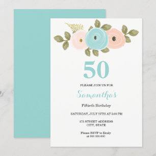 Blommigt Teal & Peach 50:e Födelsedagsfest inbjuda Inbjudningar