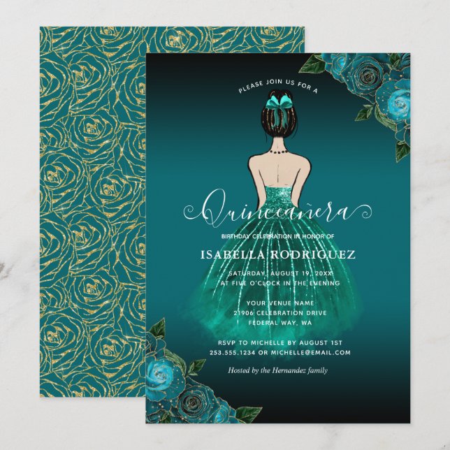 Blommigt Teal Princess Guld Birthday Quinceañera Inbjudningar (Fram/baksida)