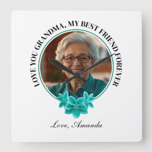 Blommigt Teal Ram Grandkid till Grandma Photo Fyrkantig Klocka