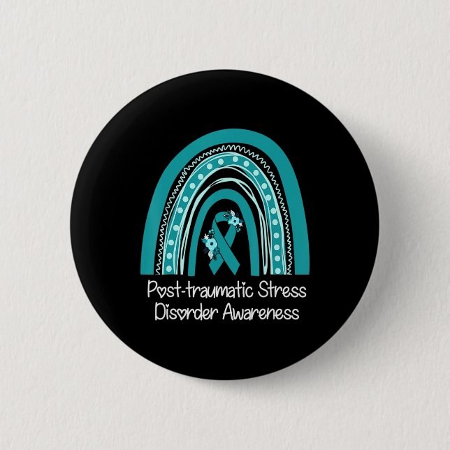 Blommigt Teal Ribbon Rainbow Warrior Ptsd Awarenes Knapp (Framsida)