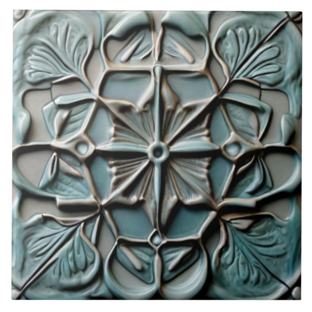 Blommigt Teal Turcos Faux Relief Flower Kor Kakelplatta (Framsidan)