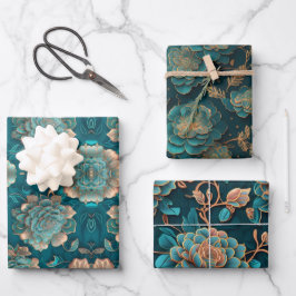 Blommigt Teal Wrapping Papper Flat Lakan set av 3