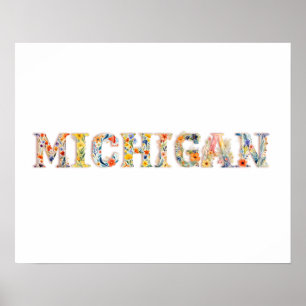 Blommigt Teckensnittstillstånd Art Print (Michigan Poster