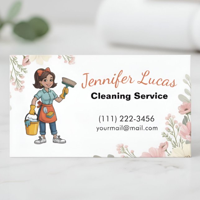 Blommigt Tecknad Maid House Städning Services Visitkort (Skapare uppladdad)