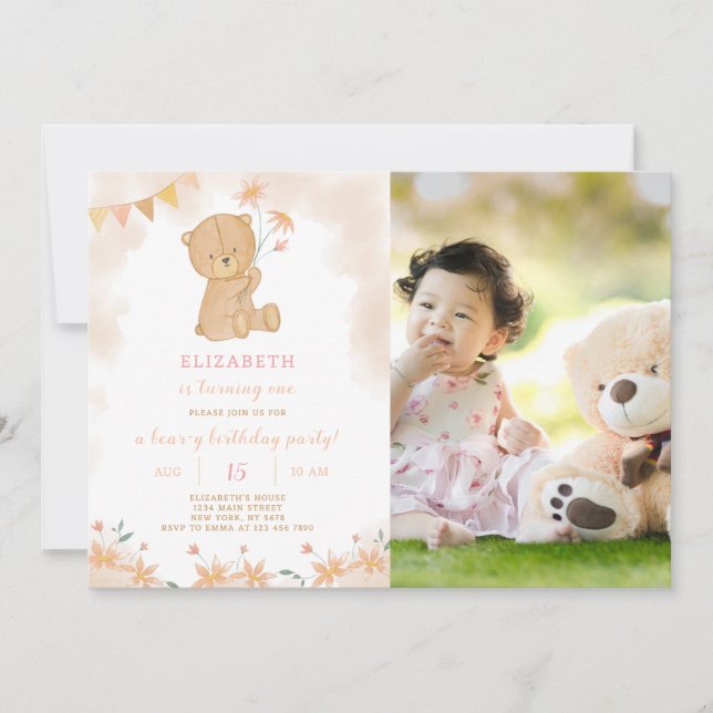 Blommigt Teddy-födelsedagsinbjudan med foto Inbjudningar (Framsida)